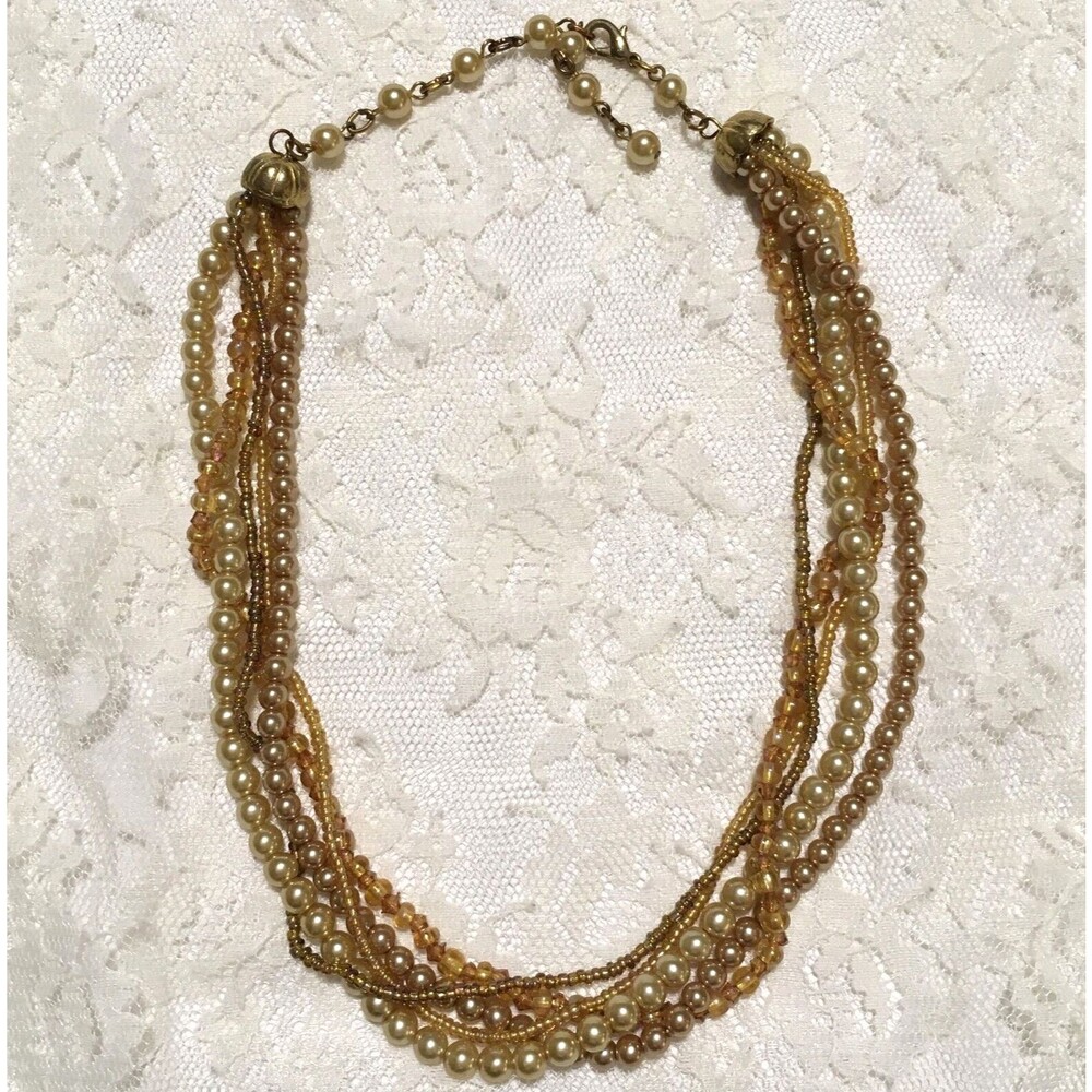 Vintage Faux Pearl Bead Necklace Multi Strand Collar high neck beige peach